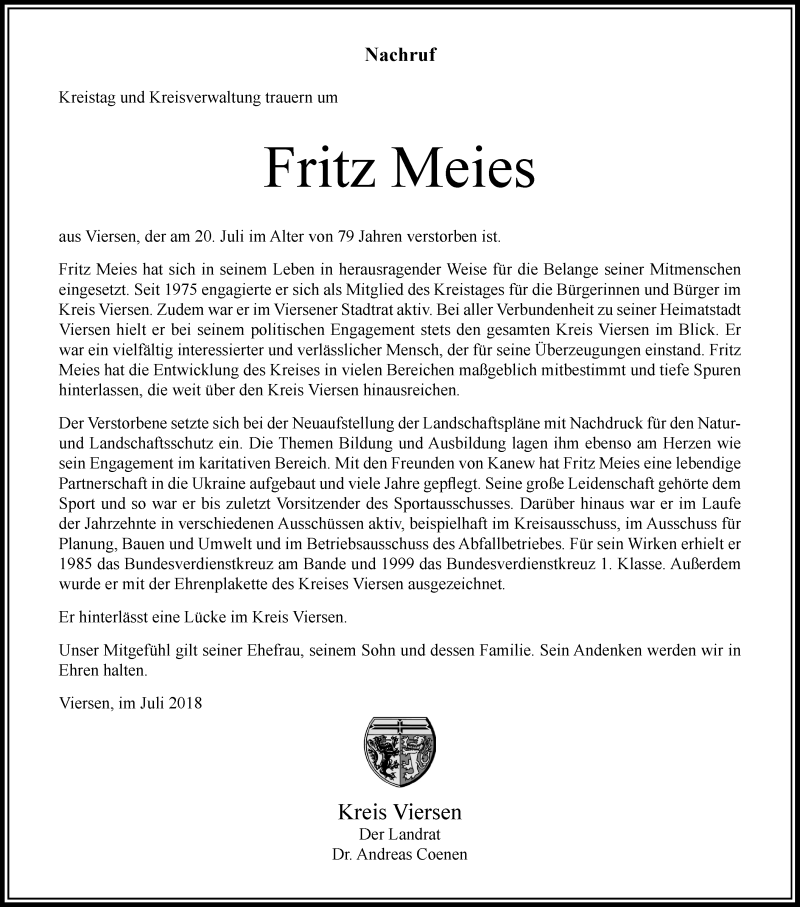  Traueranzeige für Fritz Meies vom 25.07.2018 aus Rheinische Post