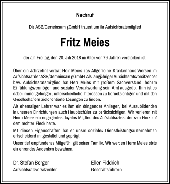 Traueranzeige von Fritz Meies von Rheinische Post