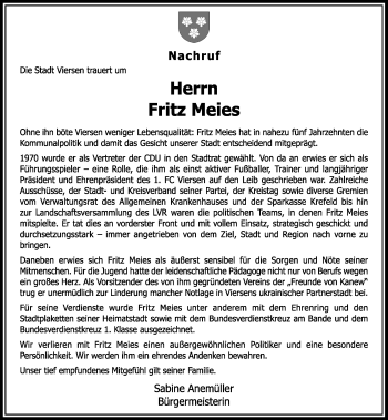 Traueranzeige von Fritz Meies von Rheinische Post
