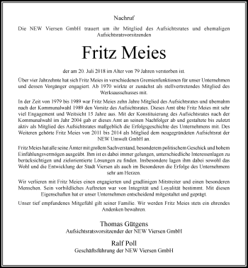 Traueranzeige von Fritz Meies von Rheinische Post