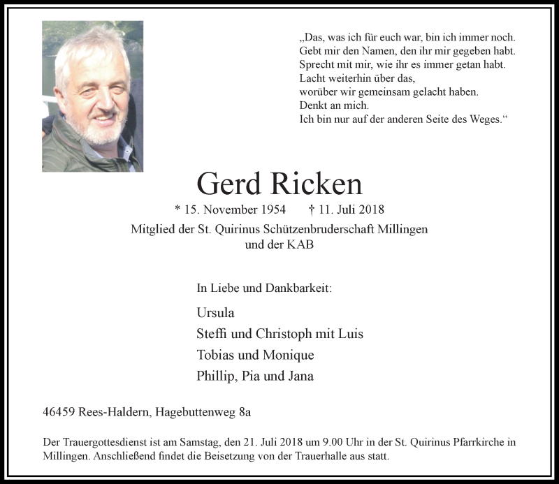  Traueranzeige für Gerd Ricken vom 14.07.2018 aus Rheinische Post