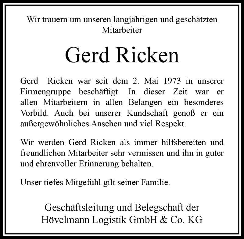  Traueranzeige für Gerd Ricken vom 18.07.2018 aus Rheinische Post