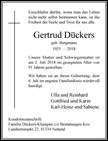 Traueranzeige von Gertrud Dückers von Rheinische Post
