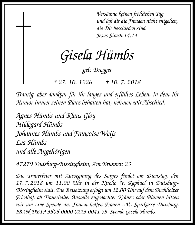  Traueranzeige für Gisela Hümbs vom 14.07.2018 aus Rheinische Post