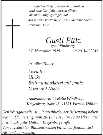 Traueranzeige von Gusti Pütz von Rheinische Post