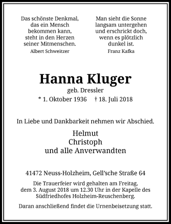 Traueranzeige von Hanna Kluger von Rheinische Post