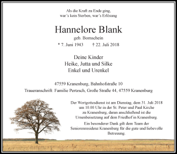 Traueranzeige von Hannelore Blank von Rheinische Post