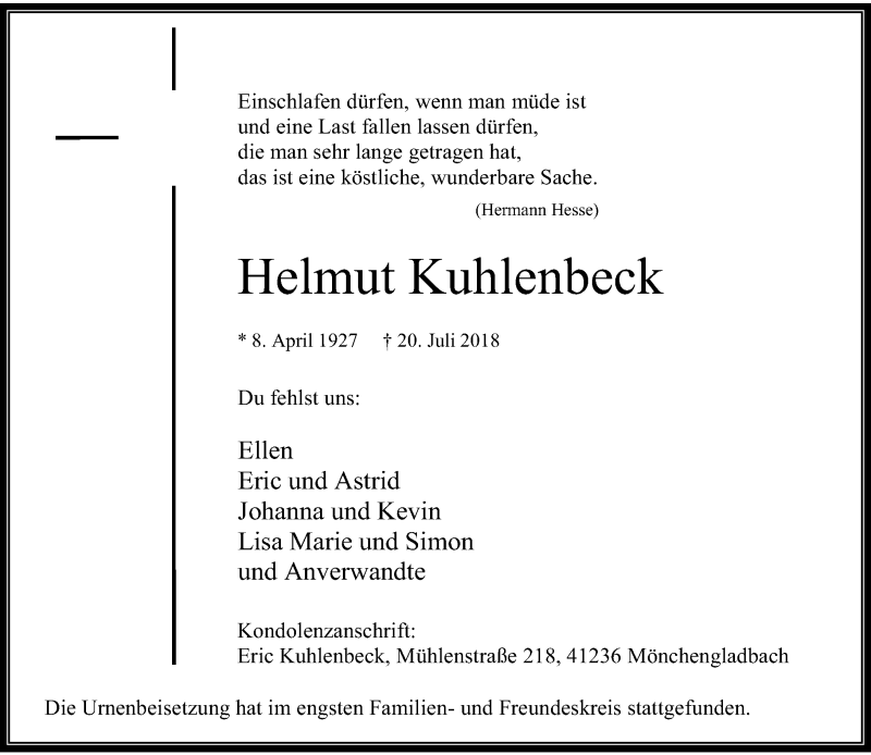  Traueranzeige für Helmut Kuhlenbeck vom 04.08.2018 aus Rheinische Post