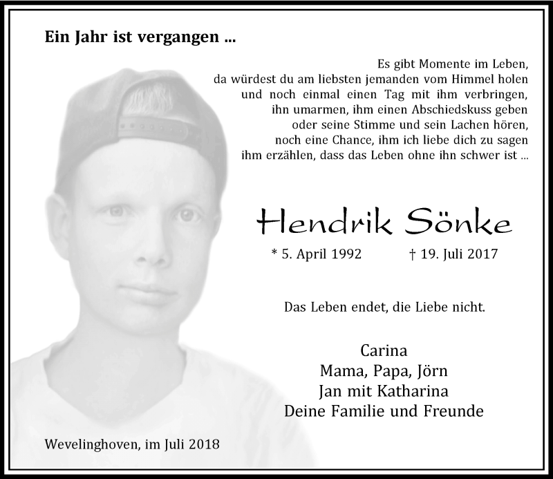  Traueranzeige für Hendrik Sönke  vom 21.07.2018 aus Rheinische Post