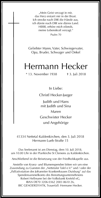 Traueranzeige von Hermann Hecker von Rheinische Post