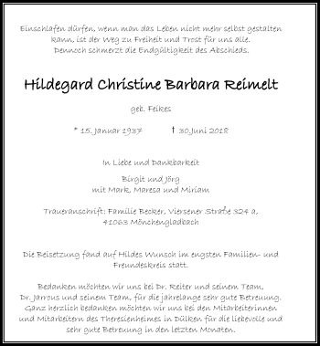 Traueranzeige von Hildegard Christine Barbara Reimelt von Rheinische Post