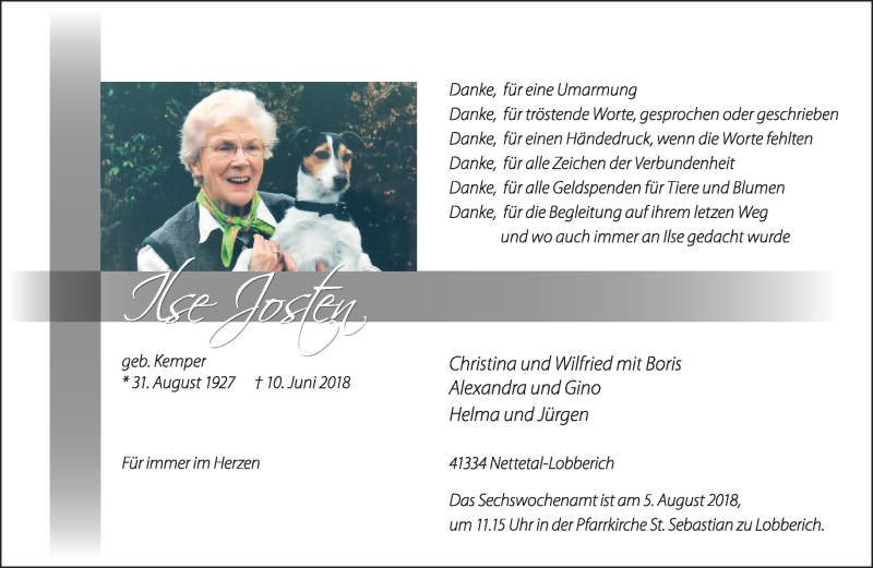  Traueranzeige für Ilse Josten vom 28.07.2018 aus Rheinische Post