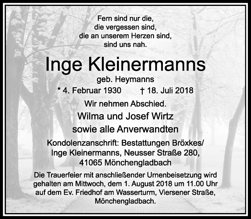  Traueranzeige für Inge Kleinermanns vom 28.07.2018 aus Rheinische Post