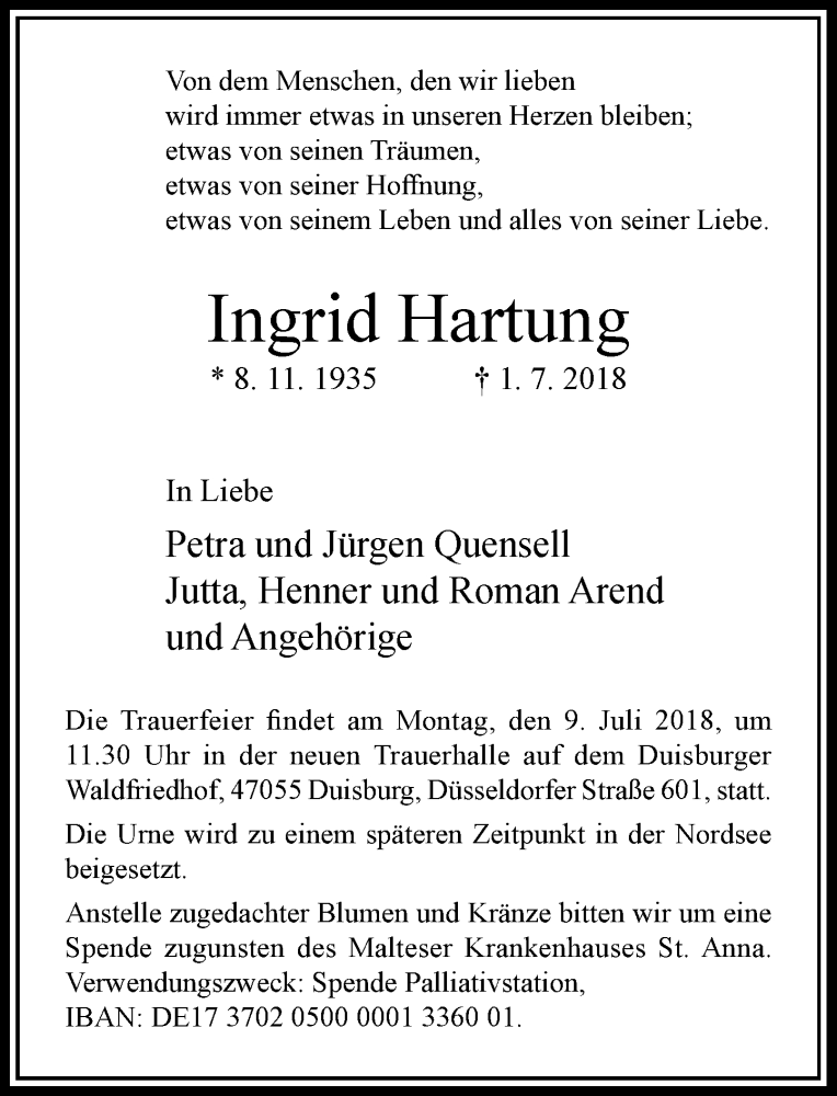  Traueranzeige für Ingrid Hartung vom 04.07.2018 aus Rheinische Post