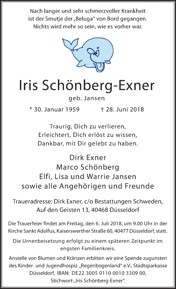  Traueranzeige für Iris Schönberg-Exner vom 04.07.2018 aus Rheinische Post