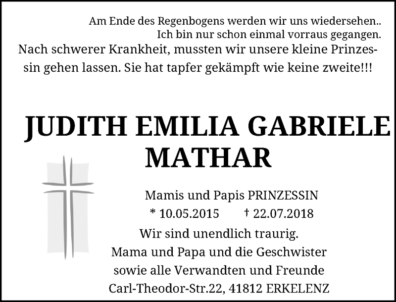  Traueranzeige für Judith Emilia Gabriele Mathar vom 25.07.2018 aus Rheinische Post