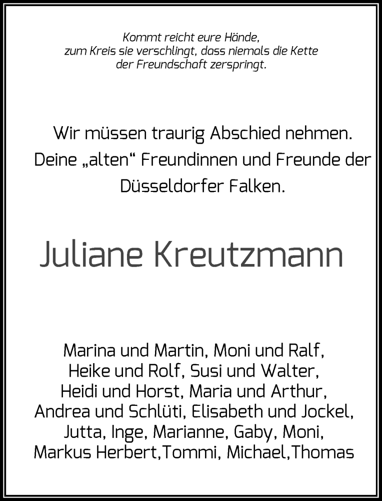  Traueranzeige für Juliane Kreutzmann vom 14.07.2018 aus Rheinische Post