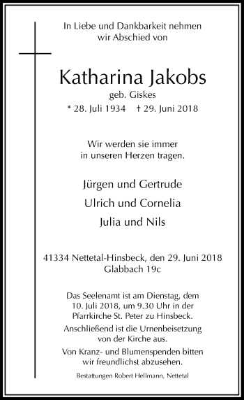 Traueranzeige von Katharina Jakobs von Rheinische Post