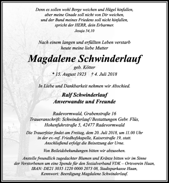 Traueranzeige von Magdalene Schwinderlauf von Rheinische Post