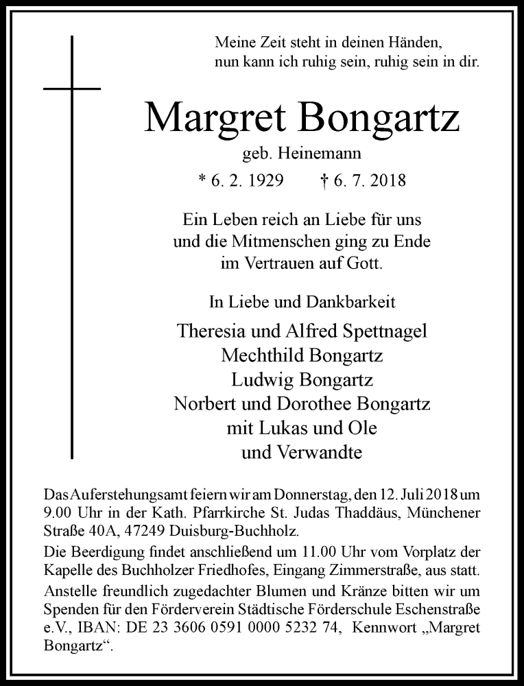  Traueranzeige für Margret Bongartz vom 10.07.2018 aus Rheinische Post