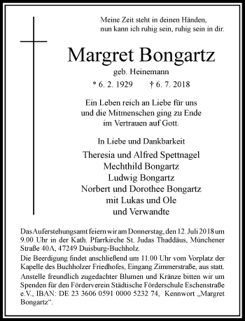 Traueranzeige von Margret Bongartz von Rheinische Post