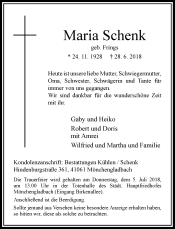 Traueranzeige von Maria Schenk von Rheinische Post