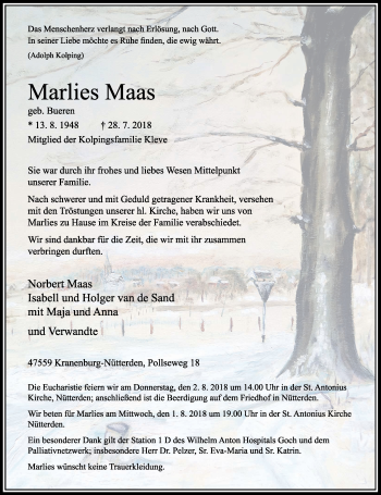 Traueranzeige von Marlies Maas von Rheinische Post