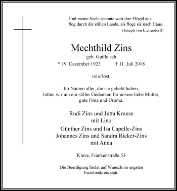 Traueranzeige von Mechthild Zins von Rheinische Post
