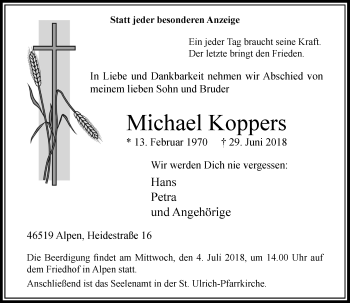 Traueranzeige von Michael Koppers von Rheinische Post