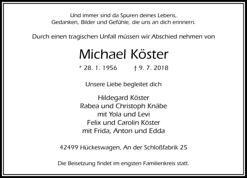  Traueranzeige für Michael Köster vom 14.07.2018 aus Rheinische Post