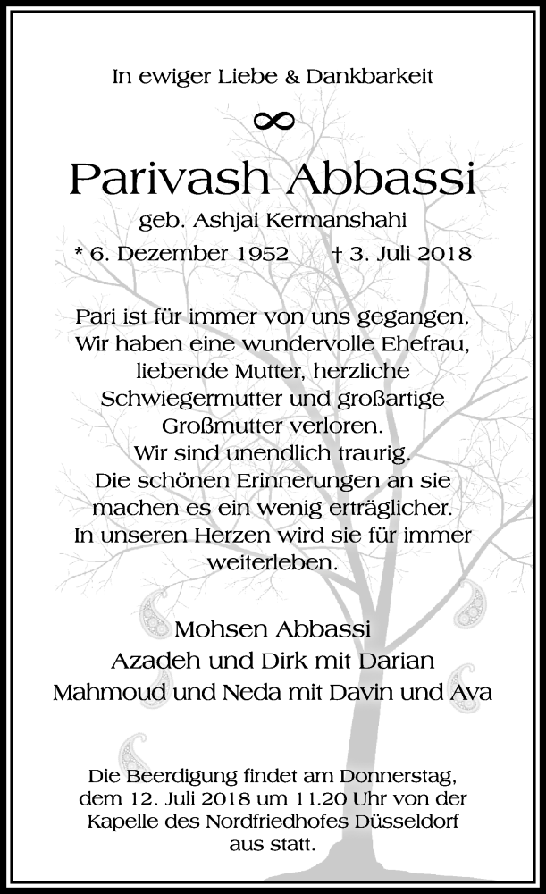  Traueranzeige für Parivash Abbassi vom 07.07.2018 aus Rheinische Post
