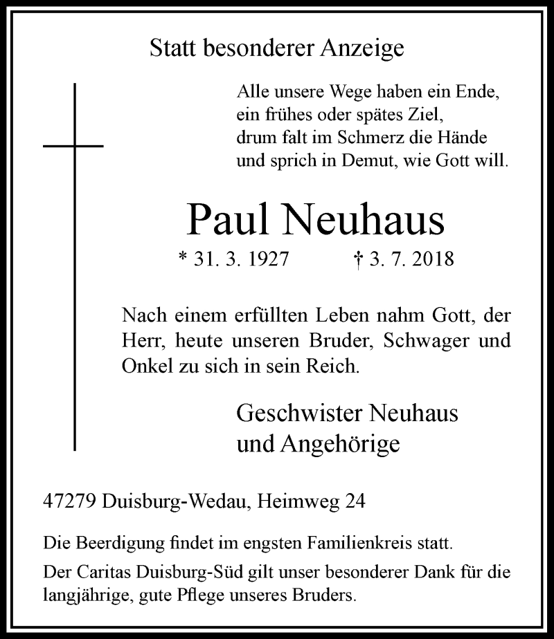  Traueranzeige für Paul Neuhaus vom 07.07.2018 aus Rheinische Post