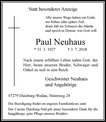 Traueranzeige von Paul Neuhaus von Rheinische Post