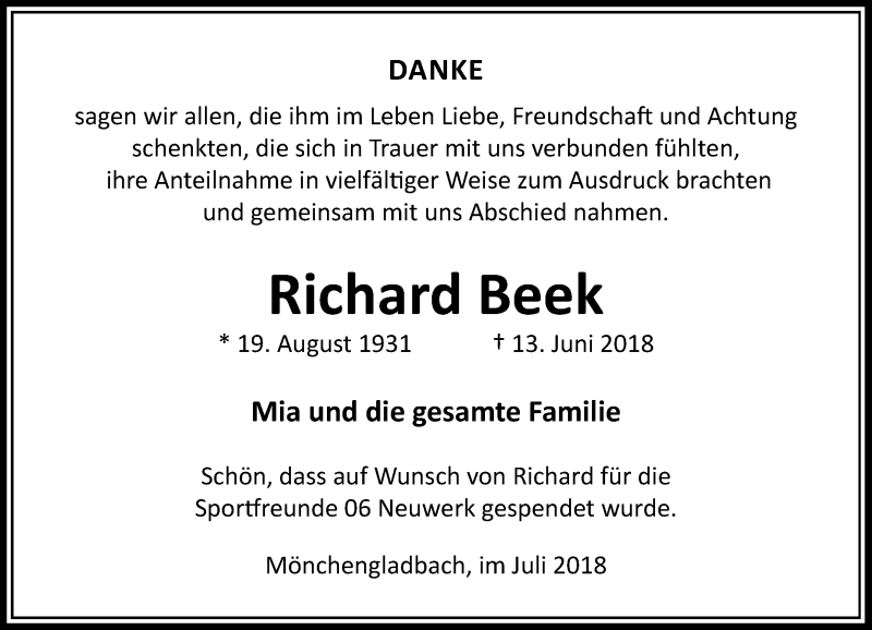  Traueranzeige für Richard Beek vom 07.07.2018 aus Rheinische Post