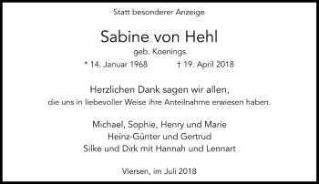 Traueranzeige von Sabine von Hehl von Rheinische Post