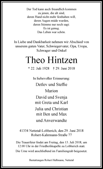 Traueranzeige von Theo Hintzen von Rheinische Post