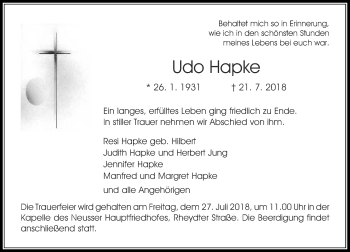 Traueranzeige von Udo Hapke von Rheinische Post
