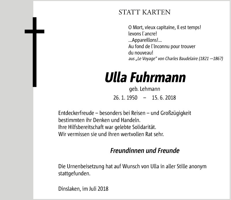 Traueranzeige für Ulla Fuhrmann vom 07.07.2018 aus Rheinische Post