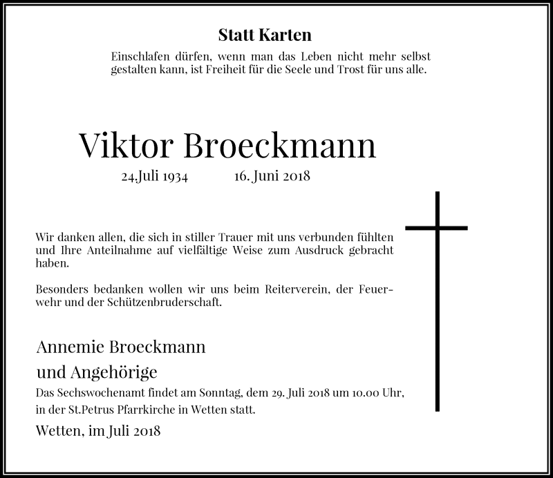  Traueranzeige für Viktor Broeckmann vom 21.07.2018 aus Rheinische Post