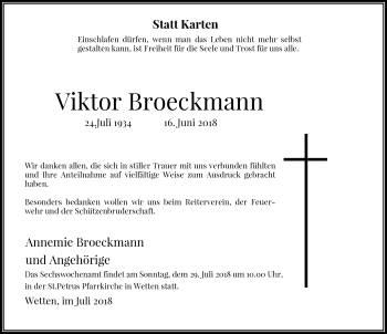 Traueranzeige von Viktor Broeckmann von Rheinische Post