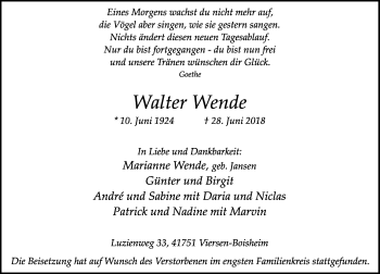 Traueranzeige von Walter Wende von Rheinische Post