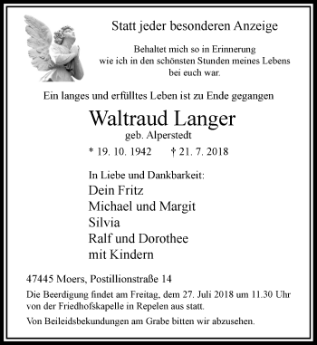Traueranzeige von Waltraud Langer von Rheinische Post