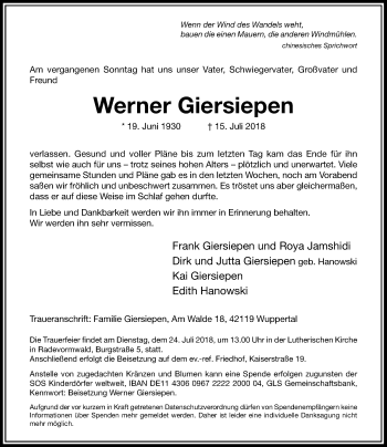 Traueranzeige von Werner Giersiepen von Rheinische Post