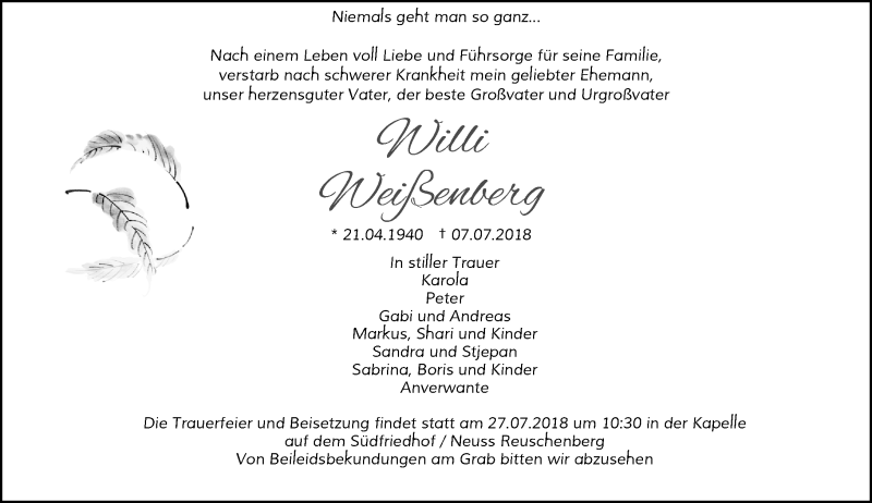  Traueranzeige für Willi Weißenberg vom 25.07.2018 aus Rheinische Post