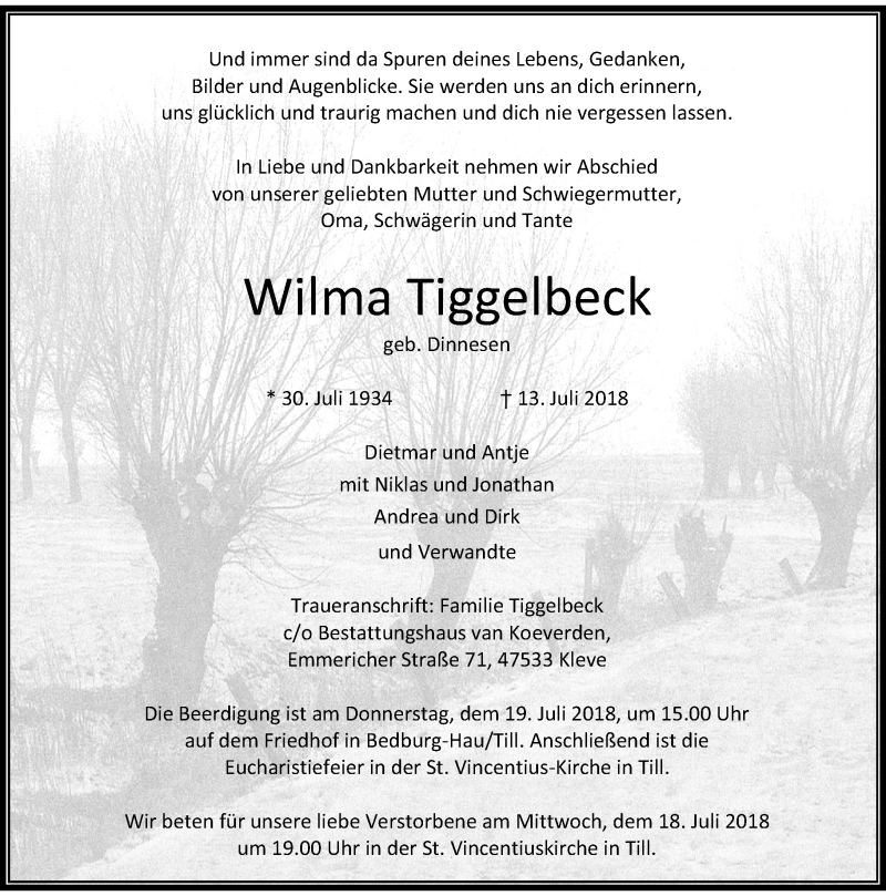  Traueranzeige für Wilma Tiggelbeck vom 17.07.2018 aus Rheinische Post
