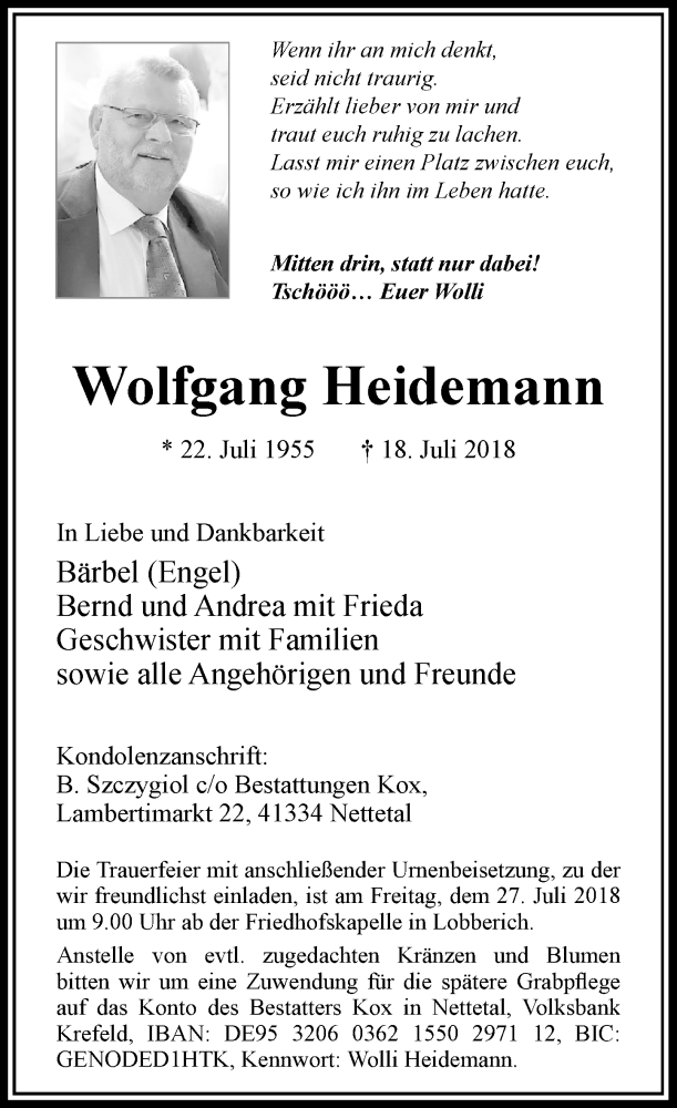  Traueranzeige für Wolfgang Heidemann vom 25.07.2018 aus Rheinische Post