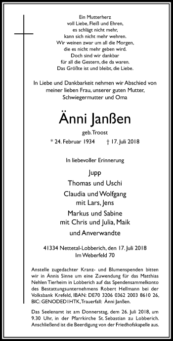 Traueranzeige von Änni Janßen von Rheinische Post