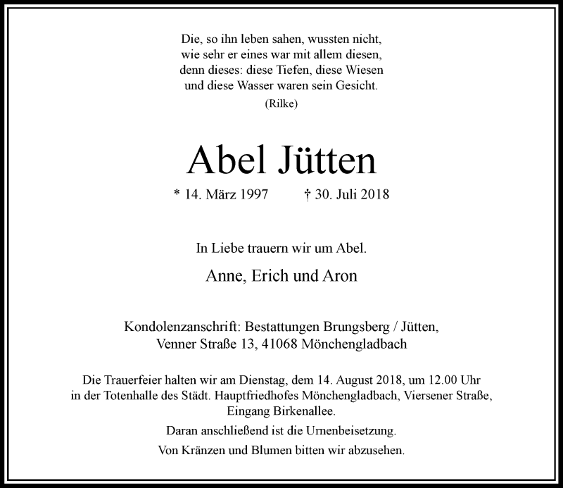  Traueranzeige für Abel Jütten vom 04.08.2018 aus Rheinische Post
