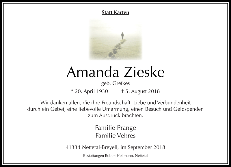 Traueranzeige für Amanda Zieske vom 01.09.2018 aus Rheinische Post