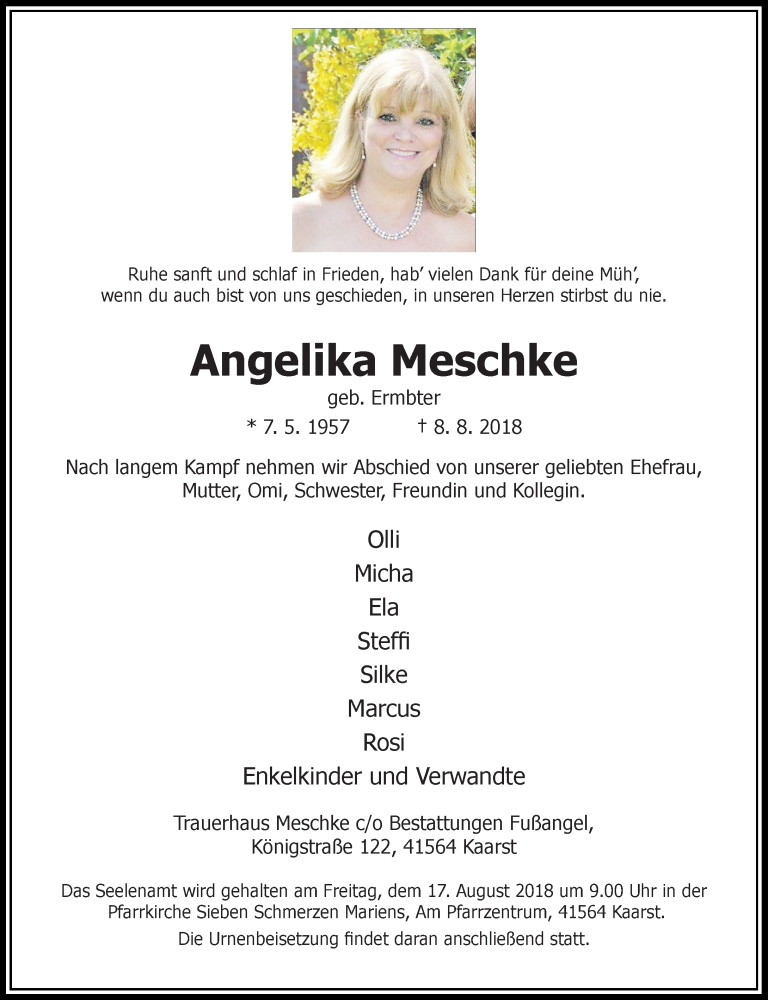  Traueranzeige für Angelika Meschke vom 11.08.2018 aus Rheinische Post